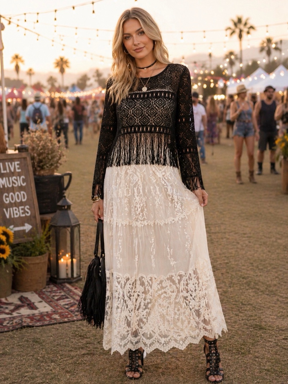Mix It Black Lace Fringe Boho Blouse Long Sleeve Sheer Overlay Lined Top Size L - Picture 3 of 11